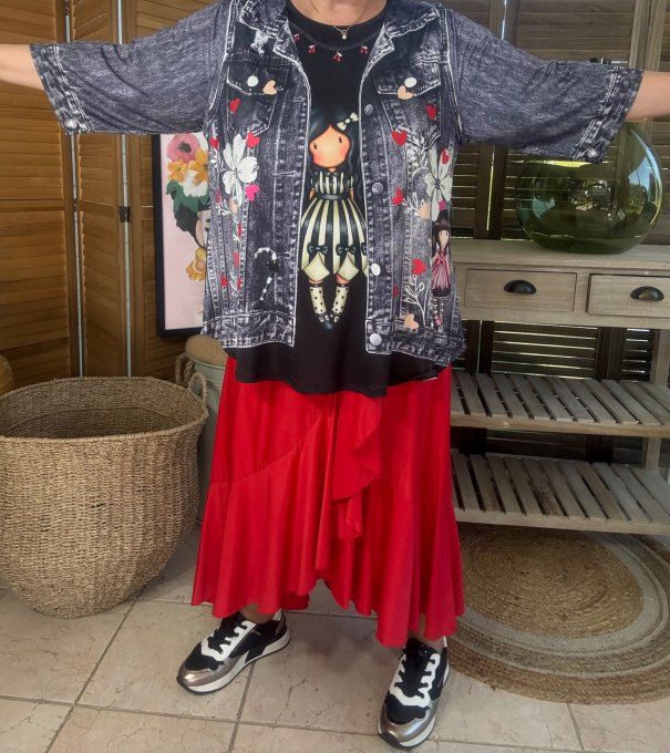 Top trapèze effet veste en jeans grisé brut La Fillette Gorjuss du 40 au 52/54