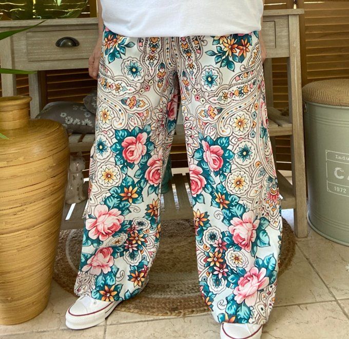 pantalon façon Palazzo crème Fleurs Liberty printanières confort +++ du 42 au 52/54