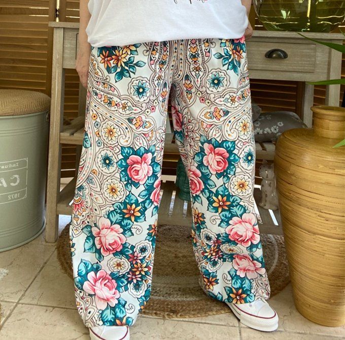 pantalon façon Palazzo crème Fleurs Liberty printanières confort +++ du 42 au 52/54