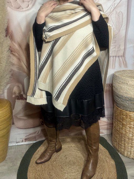 Poncho-veste oversize SANS LAINE rayé beige camel choco lurex doré TOUTES TAILLES 