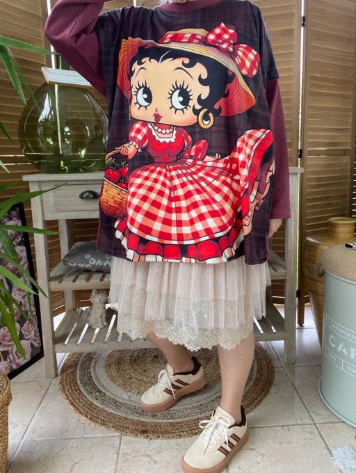 Sweat ample Lie de Vin carreaux Betty Boop Country Girl du 40 au 50/52