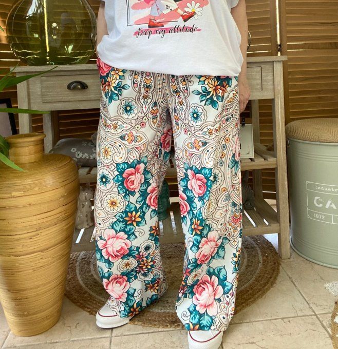 pantalon façon Palazzo crème Fleurs Liberty printanières confort +++ du 42 au 52/54