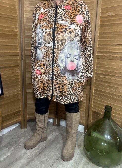 Manteau à capuche suédine beige Léopard Marilyn Monroe Bubble du 40 au 52 et même + 