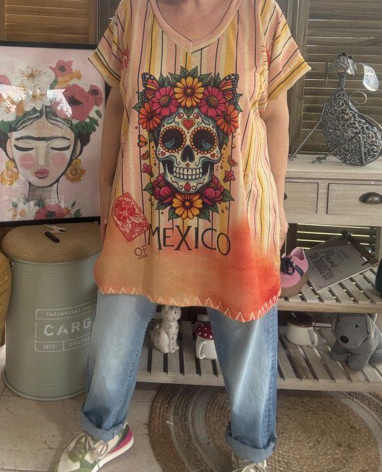 Top ample lurex pailleté doré Mexican Skulls Calavera du 40 au 52