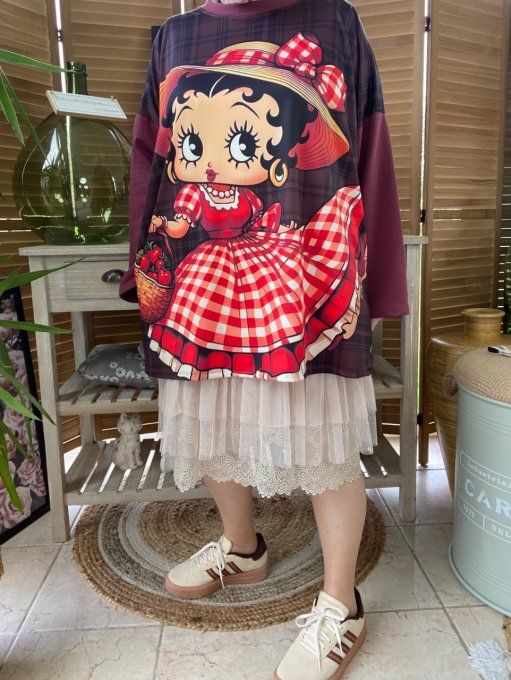 Sweat ample Lie de Vin carreaux Betty Boop Country Girl du 40 au 50/52