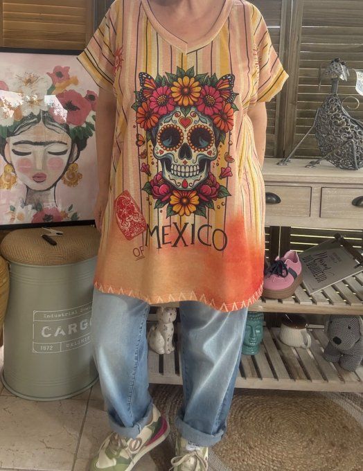 Top ample lurex pailleté doré Mexican Skulls Calavera du 40 au 52