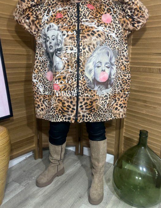 Manteau à capuche suédine beige Léopard Marilyn Monroe Bubble du 40 au 52 et même + 