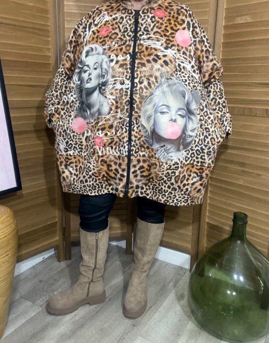 Manteau à capuche suédine beige Léopard Marilyn Monroe Bubble du 40 au 52 et même + 