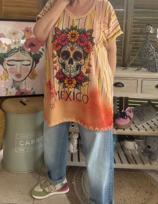 Top ample lurex pailleté doré Mexican Skulls Calavera du 40 au 52