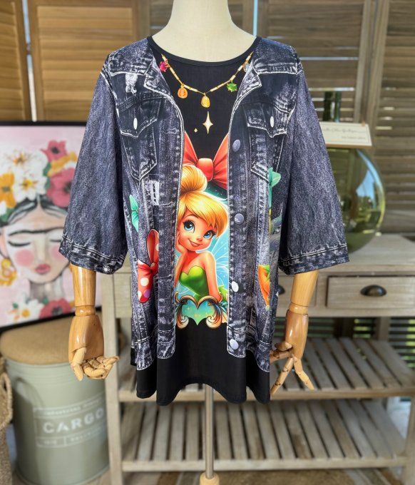 Top trapèze effet veste en jeans grisé brut La Fée Clochette du 40 au 52/54 