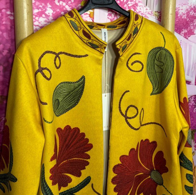 Veste droite courte suédine Moutarde Fleurs & Feuilles d'Automne du 36 au 46/48