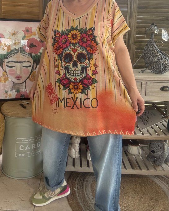 Top ample lurex pailleté doré Mexican Skulls Calavera du 40 au 52