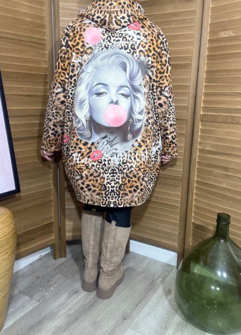 Manteau à capuche suédine beige Léopard Marilyn Monroe Bubble du 40 au 52 et même + 