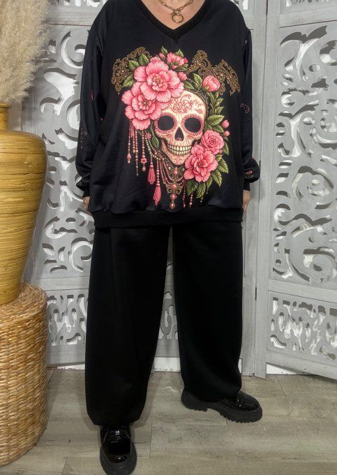 Sweat ample Col V noir Skulls Calavera & Fleurs roses confort +++ du 38 au 48/50