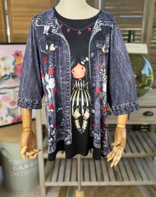Top trapèze effet veste en jeans grisé brut La Fillette Gorjuss du 40 au 52/54