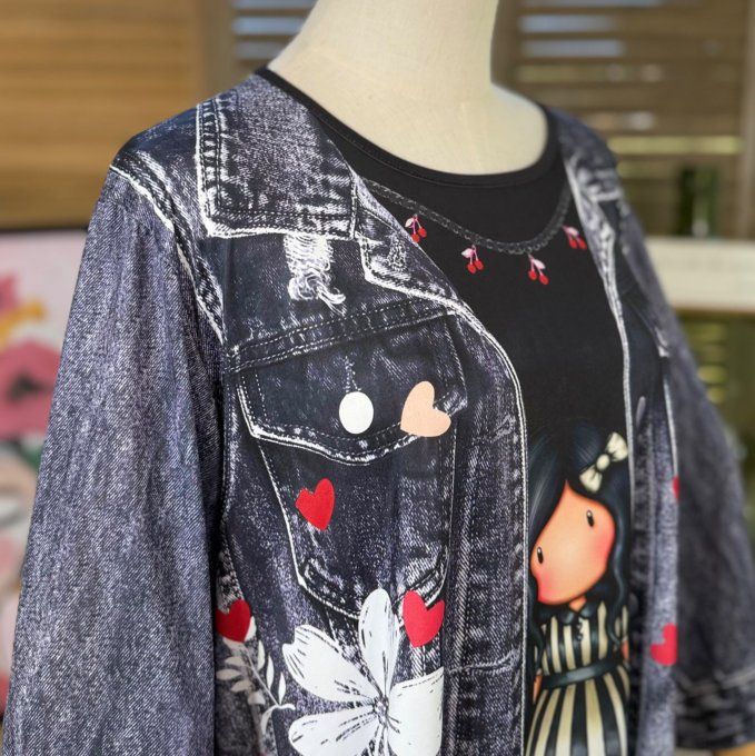 Top trapèze effet veste en jeans grisé brut La Fillette Gorjuss du 40 au 52/54