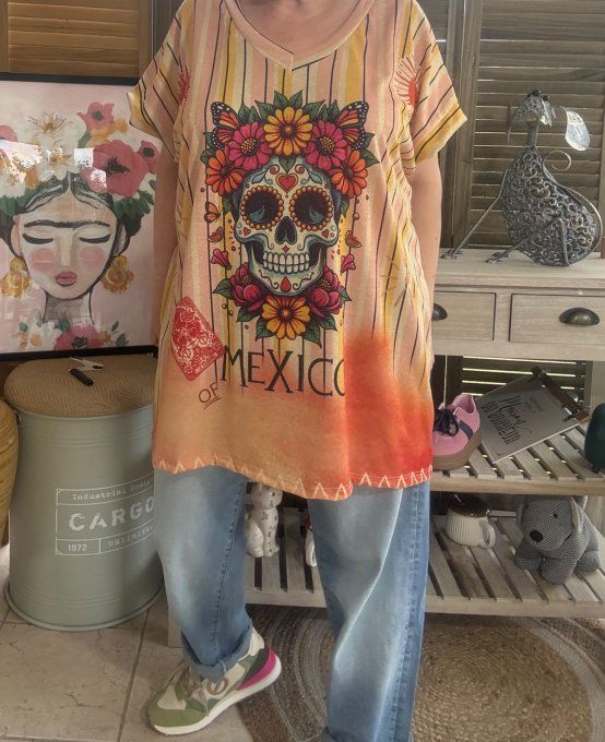 Top ample lurex pailleté doré Mexican Skulls Calavera du 40 au 52