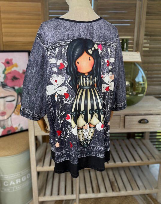 Top trapèze effet veste en jeans grisé brut La Fillette Gorjuss du 40 au 52/54