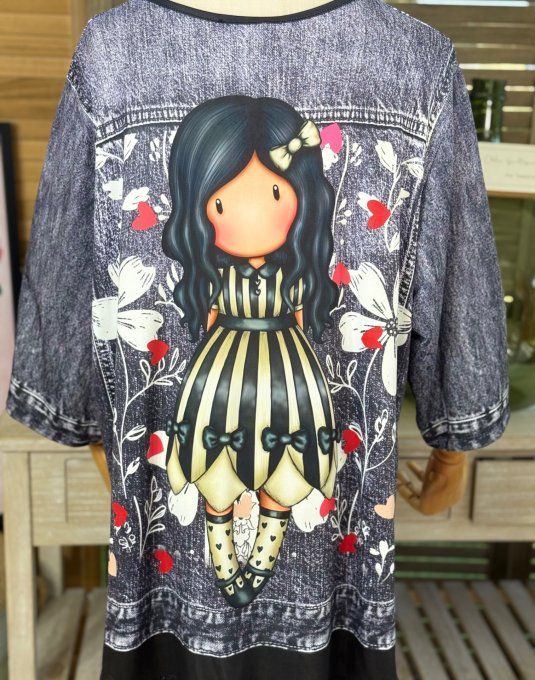 Top trapèze effet veste en jeans grisé brut La Fillette Gorjuss du 40 au 52/54