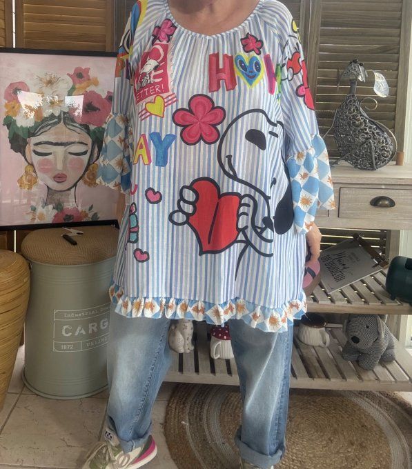 Blouse trapèze manches pagodes oversize rayée Snoopy in Love du 40 au 52