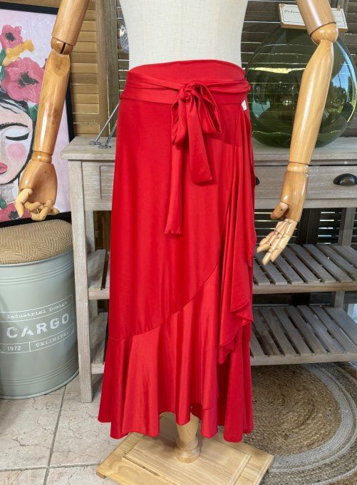 Jupe porte-feuille volantée ample taille réglable rouge stretch ++++ du 38 au 48/50