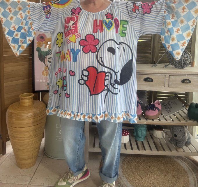 Blouse trapèze manches pagodes oversize rayée Snoopy in Love du 40 au 52
