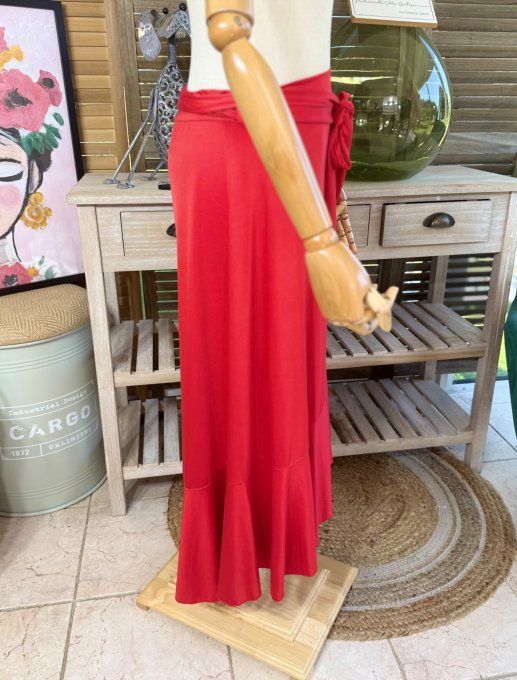 Jupe porte-feuille volantée ample taille réglable rouge stretch ++++ du 38 au 48/50