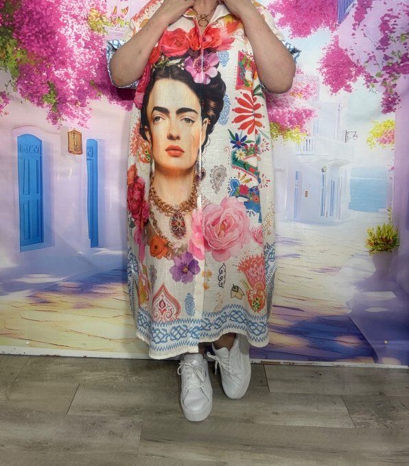 Robe longue oversize lin manches courtes crème Frida Kahlo Bohème Chic du 42 au 52 