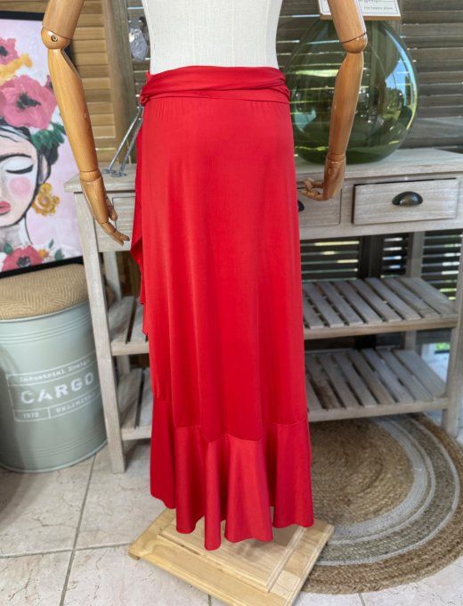 Jupe porte-feuille volantée ample taille réglable rouge stretch ++++ du 38 au 48/50