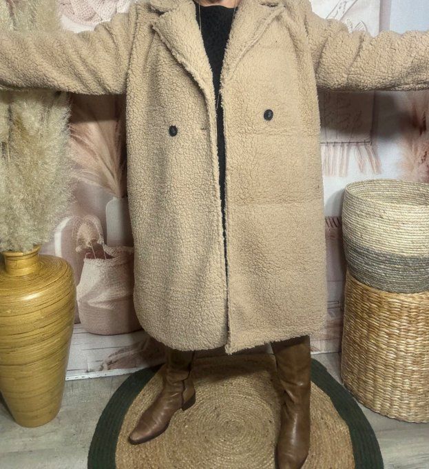 Manteau droit mi-long tout doublé Teddy Beige clair douceur +++++ du 40 au 50 et même +