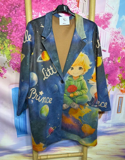Veste droite longue suédine bleu nuit Le Petit Prince du 36 au 48 portée ouverte