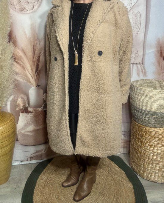 Manteau droit mi-long tout doublé Teddy Beige clair douceur +++++ du 40 au 50 et même +