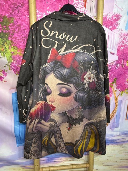 Veste droite longue suédine noire Blanche-Neige du 36 au 48 portée ouverte