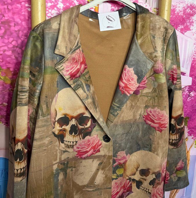 Veste droite longue suédine beige Duo de Skulls Pink Roses du 36 au 48 portée ouverte