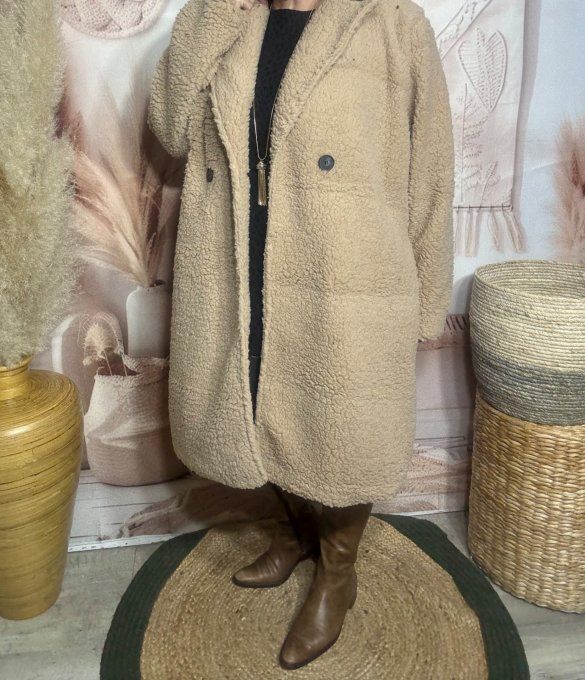 Manteau droit mi-long tout doublé Teddy Beige clair douceur +++++ du 40 au 50 et même +