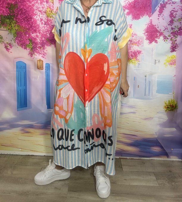 Robe longue oversize lin manches courtes Rayé ciel Coeur Papillon Colombes du 42 au 52