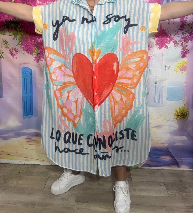 Robe longue oversize lin manches courtes Rayé ciel Coeur Papillon Colombes du 42 au 52