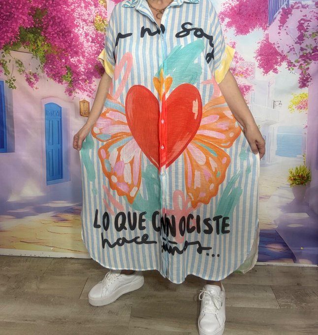 Robe longue oversize lin manches courtes Rayé ciel Coeur Papillon Colombes du 42 au 52