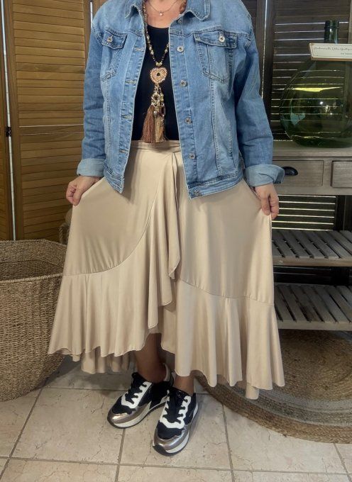 Jupe porte-feuille volantée ample taille réglable beige stretch ++++ du 38 au 48/50 