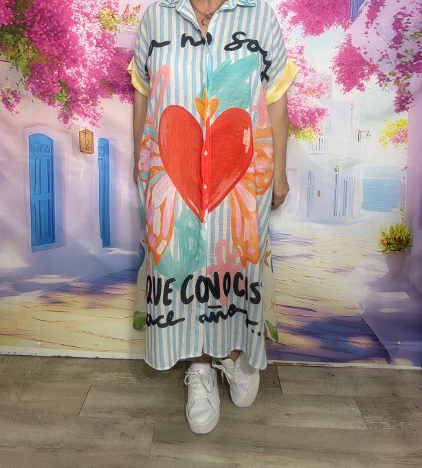 Robe longue oversize lin manches courtes Rayé ciel Coeur Papillon Colombes du 42 au 52
