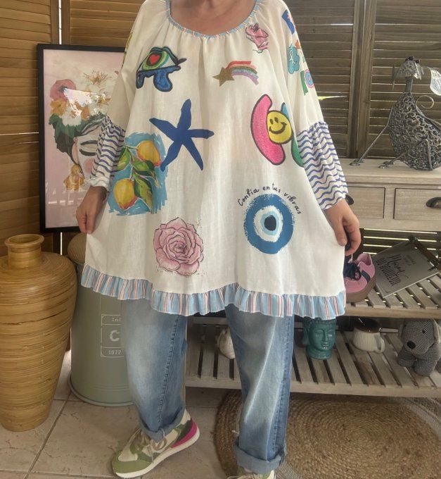Blouse trapèze manches pagodes oversize blanche Summer Fun Vibes du 40 au 52