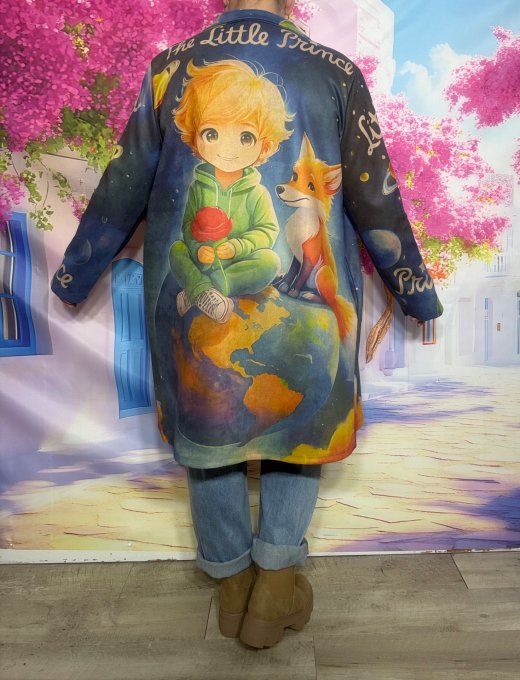 Veste droite longue suédine bleu nuit Le Petit Prince du 36 au 48 portée ouverte
