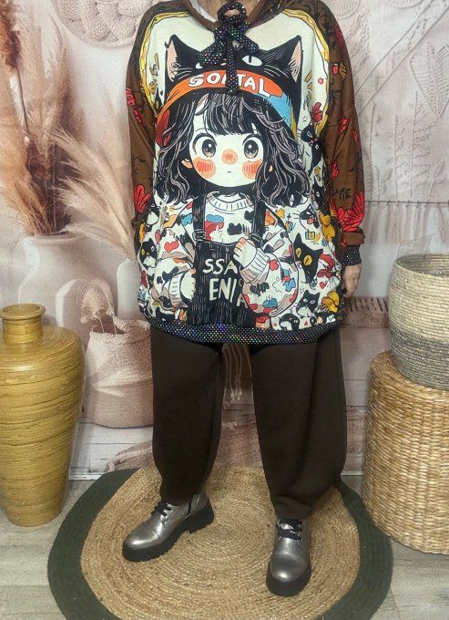 Sweat à capuche long chocolat La Fillette aux Chats paillettes du 40 au 50/52