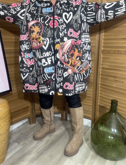 Manteau à capuche suédine noire Betty Boop Street Art Girl du 40 au 52 et même + 