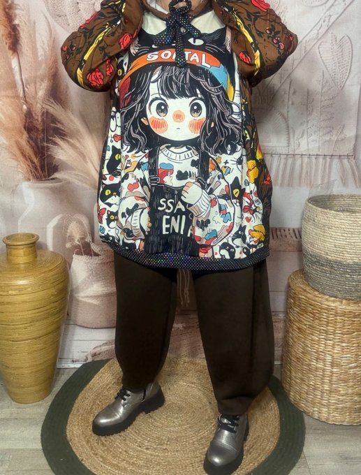 Sweat à capuche long chocolat La Fillette aux Chats paillettes du 40 au 50/52