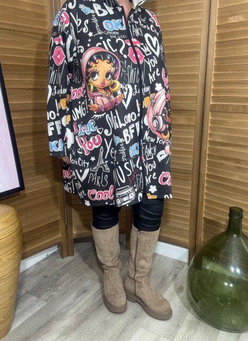 Manteau à capuche suédine noire Betty Boop Street Art Girl du 40 au 52 et même + 