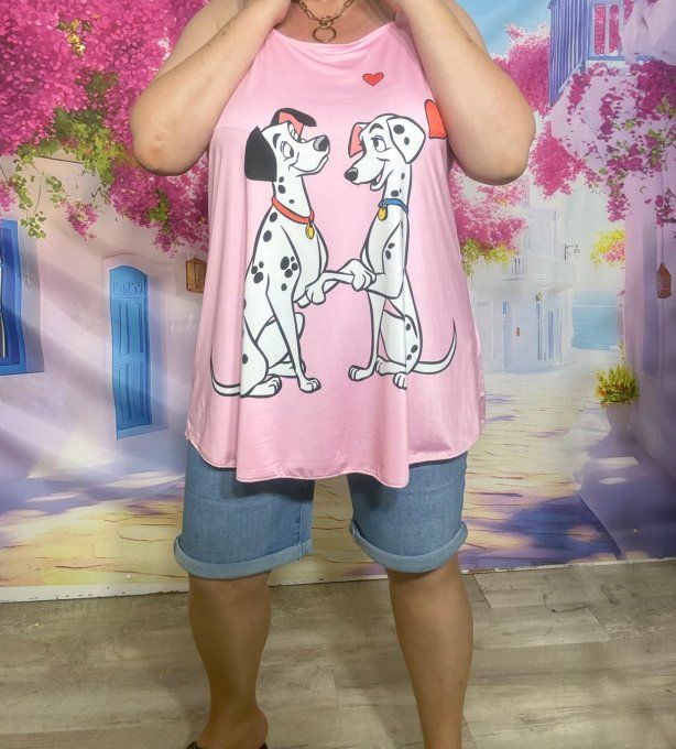 Débardeur trapèze lycra rose bonbon larges bretelles Les 101 Dalmatiens du 38 au 48/50