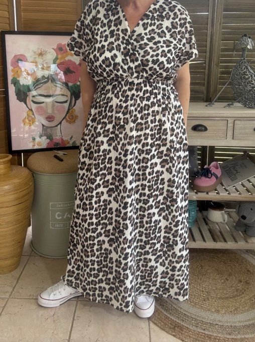 Robe longue cache-coeur gaze de coton léopard crème choco noir du 40 au 48