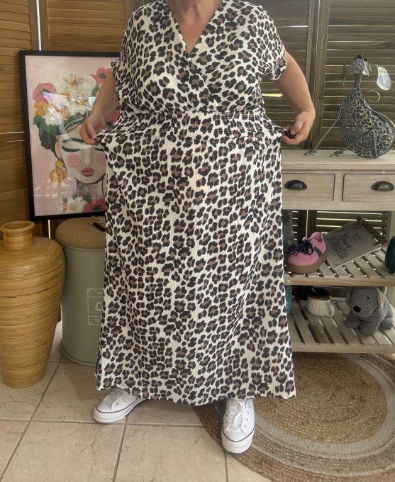 Robe longue cache-coeur gaze de coton léopard crème choco noir du 40 au 48