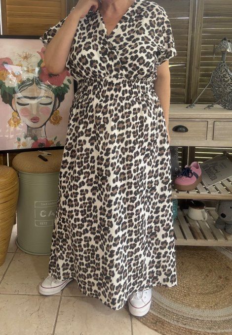 Robe longue cache-coeur gaze de coton léopard crème choco noir du 40 au 48